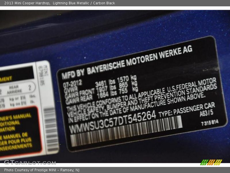 Lightning Blue Metallic / Carbon Black 2013 Mini Cooper Hardtop