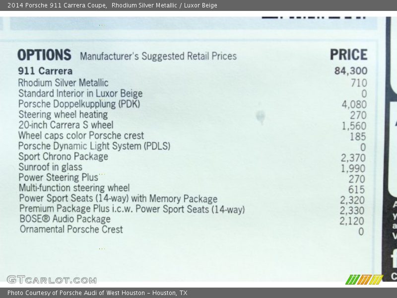  2014 911 Carrera Coupe Window Sticker