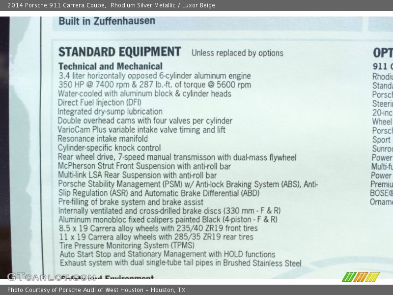  2014 911 Carrera Coupe Window Sticker