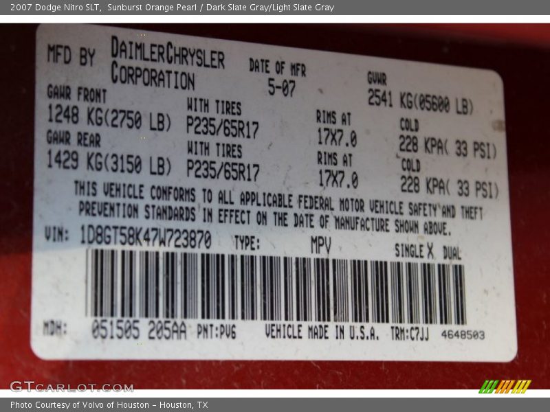Sunburst Orange Pearl / Dark Slate Gray/Light Slate Gray 2007 Dodge Nitro SLT