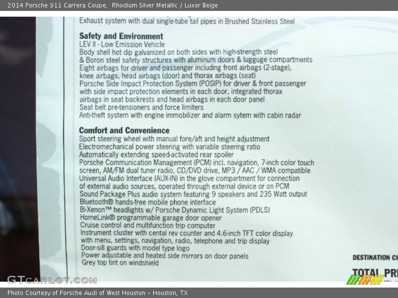  2014 911 Carrera Coupe Window Sticker