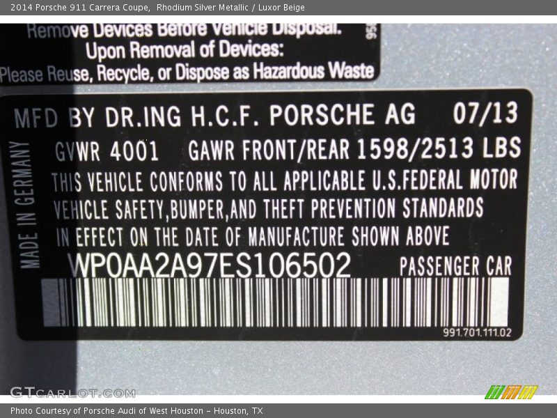 Info Tag of 2014 911 Carrera Coupe