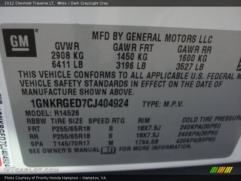 White / Dark Gray/Light Gray 2012 Chevrolet Traverse LT