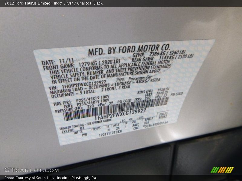 Ingot Silver / Charcoal Black 2012 Ford Taurus Limited