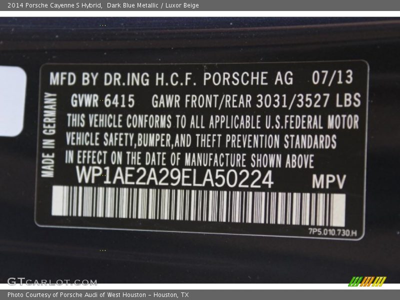 Info Tag of 2014 Cayenne S Hybrid