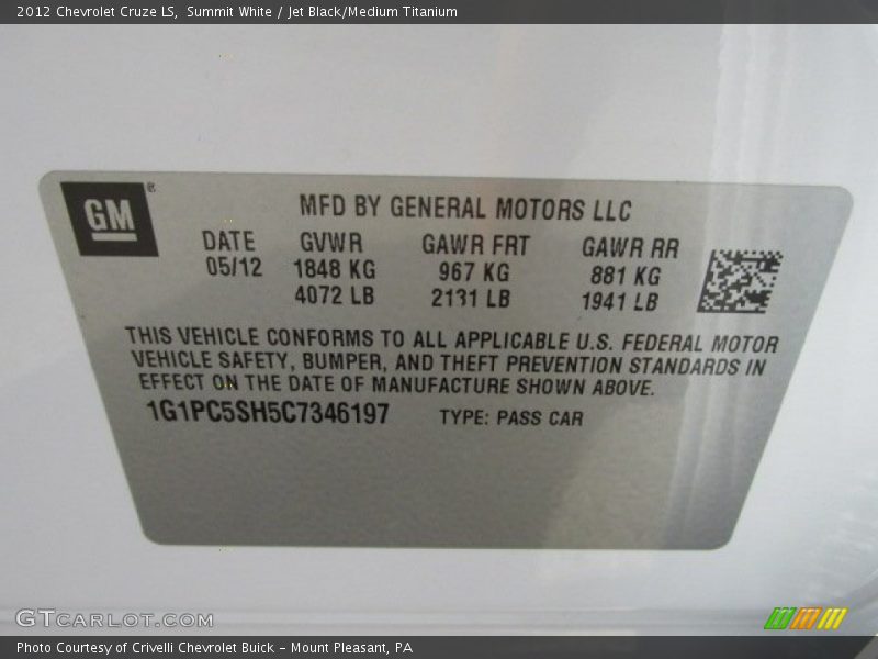 Summit White / Jet Black/Medium Titanium 2012 Chevrolet Cruze LS