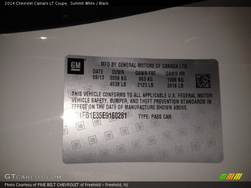 Summit White / Black 2014 Chevrolet Camaro LT Coupe