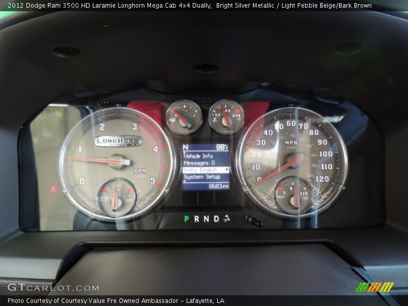 Bright Silver Metallic / Light Pebble Beige/Bark Brown 2012 Dodge Ram 3500 HD Laramie Longhorn Mega Cab 4x4 Dually
