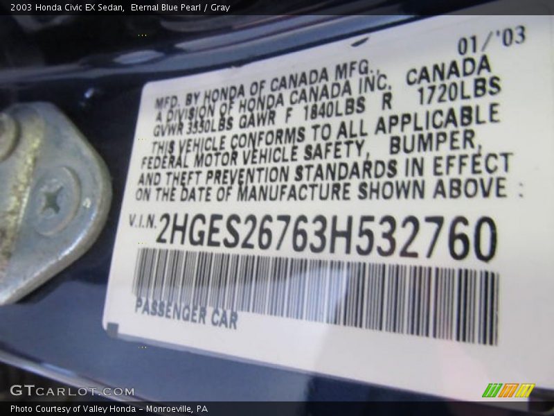 Eternal Blue Pearl / Gray 2003 Honda Civic EX Sedan
