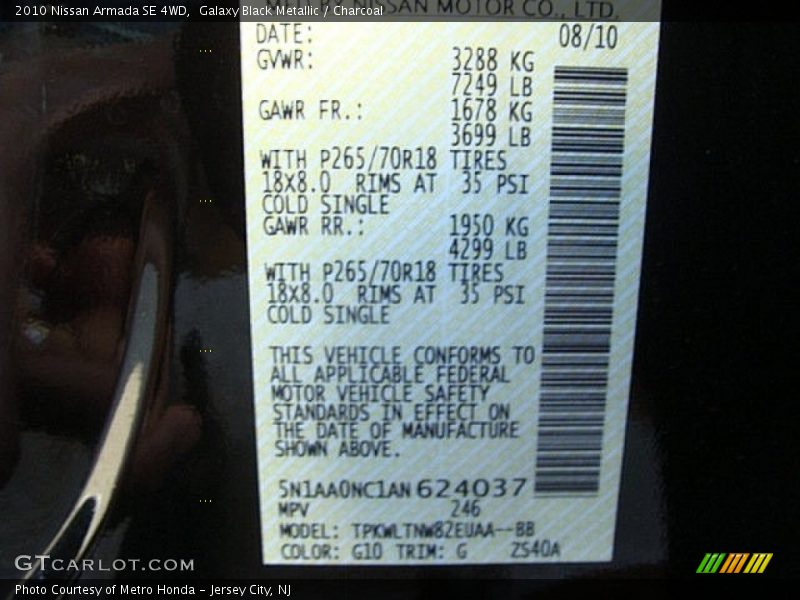 Galaxy Black Metallic / Charcoal 2010 Nissan Armada SE 4WD