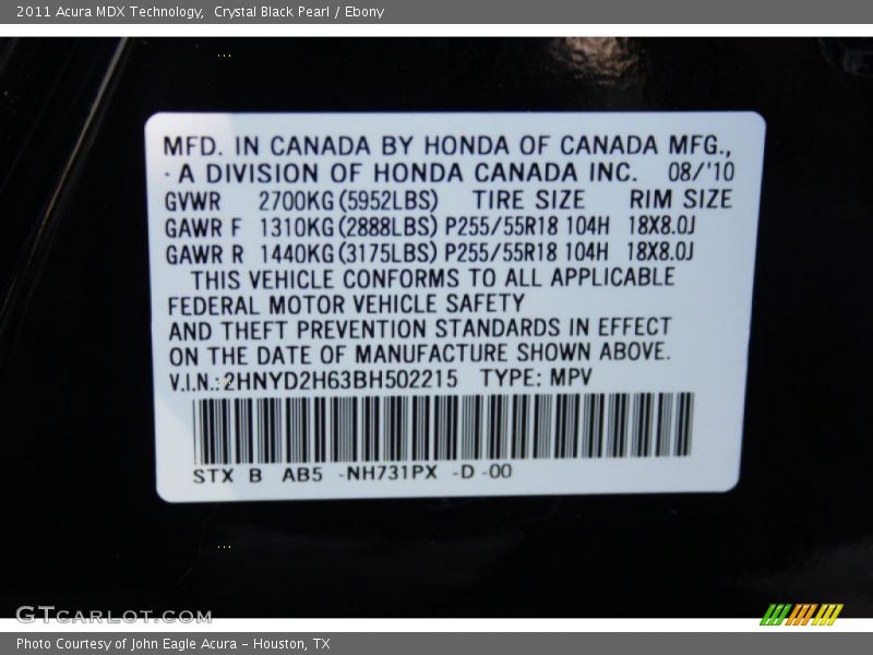 Crystal Black Pearl / Ebony 2011 Acura MDX Technology