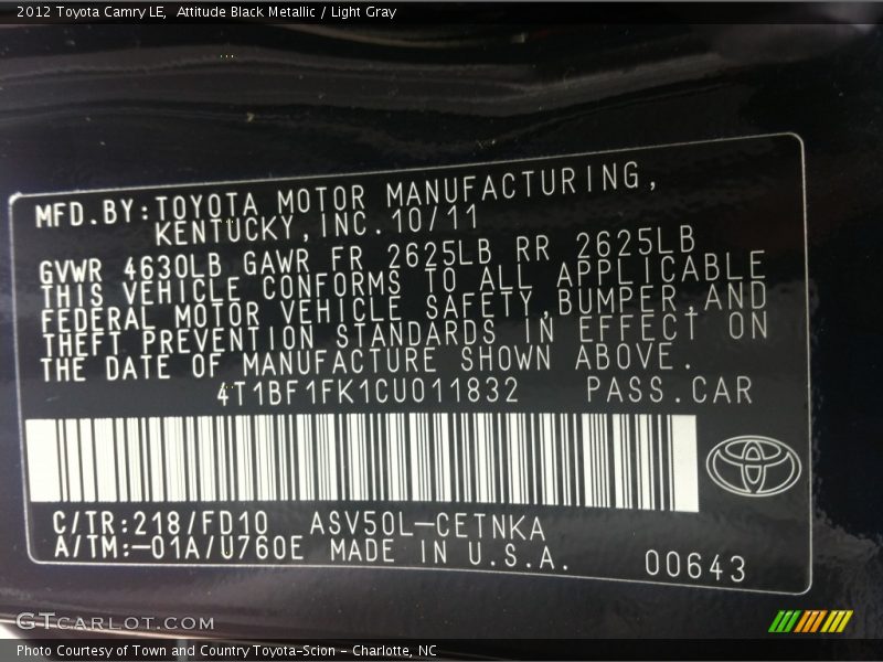 Attitude Black Metallic / Light Gray 2012 Toyota Camry LE