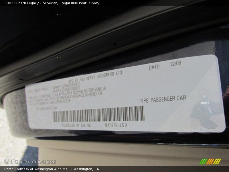 Regal Blue Pearl / Ivory 2007 Subaru Legacy 2.5i Sedan
