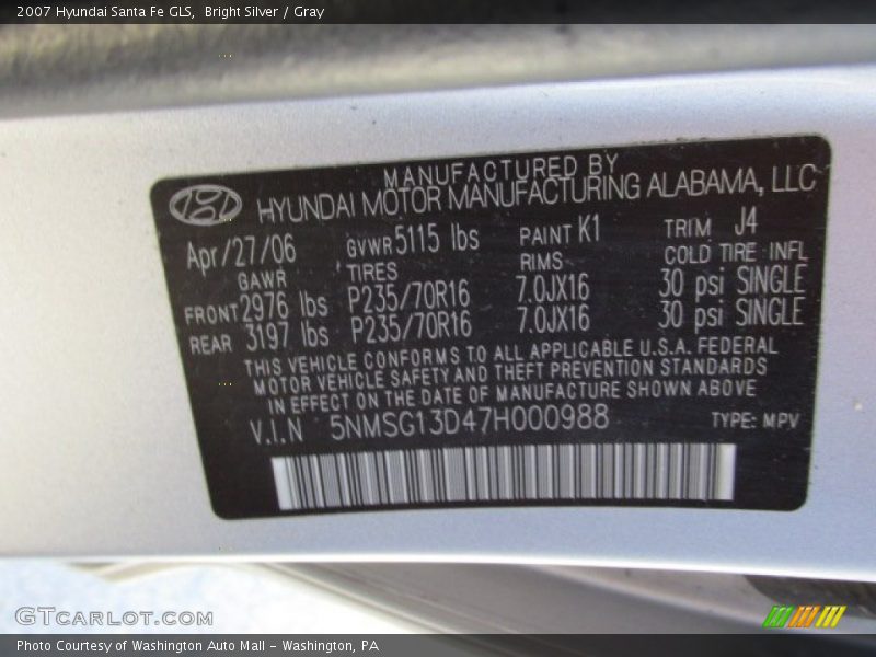 Bright Silver / Gray 2007 Hyundai Santa Fe GLS