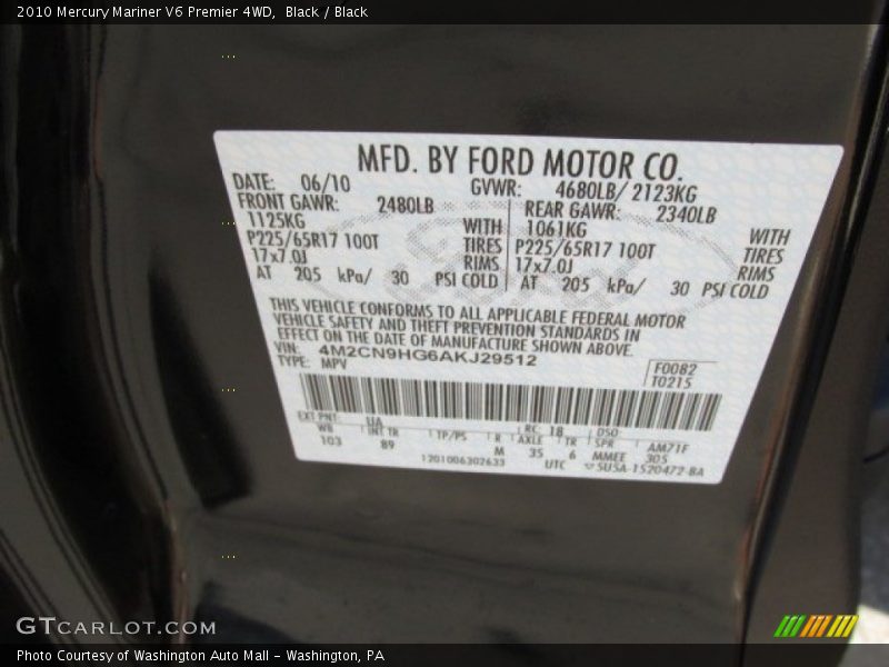 Black / Black 2010 Mercury Mariner V6 Premier 4WD