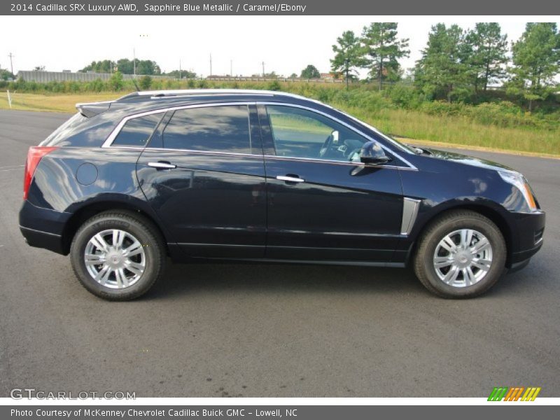 Sapphire Blue Metallic / Caramel/Ebony 2014 Cadillac SRX Luxury AWD