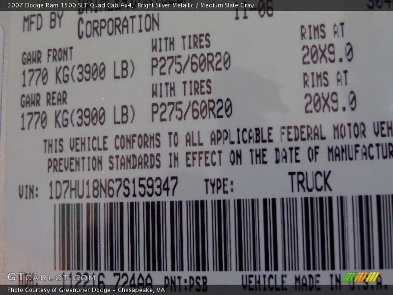Bright Silver Metallic / Medium Slate Gray 2007 Dodge Ram 1500 SLT Quad Cab 4x4