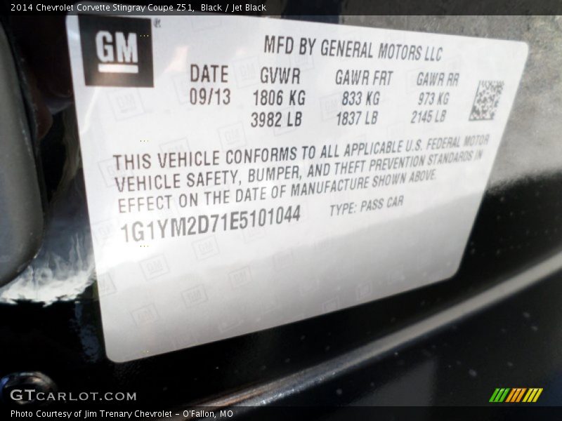Info Tag of 2014 Corvette Stingray Coupe Z51