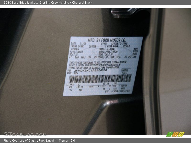 Sterling Grey Metallic / Charcoal Black 2010 Ford Edge Limited
