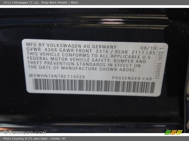 Deep Black Metallic / Black 2011 Volkswagen CC Lux