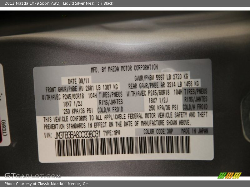 Liquid Silver Meatllic / Black 2012 Mazda CX-9 Sport AWD