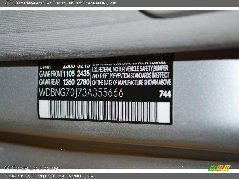 Brilliant Silver Metallic / Ash 2003 Mercedes-Benz S 430 Sedan