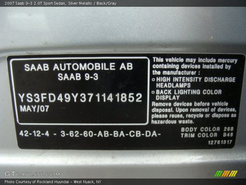 Silver Metallic / Black/Gray 2007 Saab 9-3 2.0T Sport Sedan