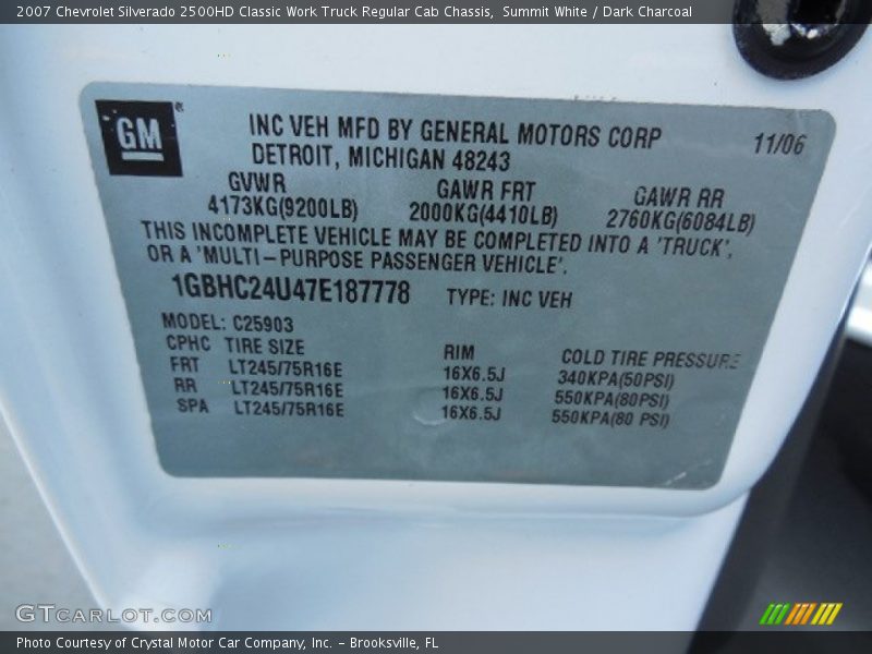 Summit White / Dark Charcoal 2007 Chevrolet Silverado 2500HD Classic Work Truck Regular Cab Chassis