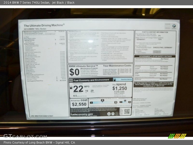  2014 7 Series 740Li Sedan Window Sticker