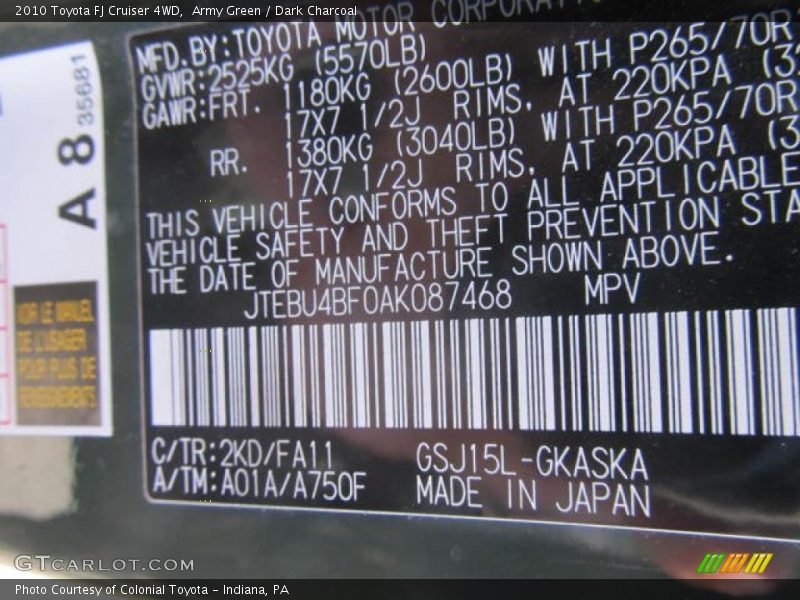 Army Green / Dark Charcoal 2010 Toyota FJ Cruiser 4WD