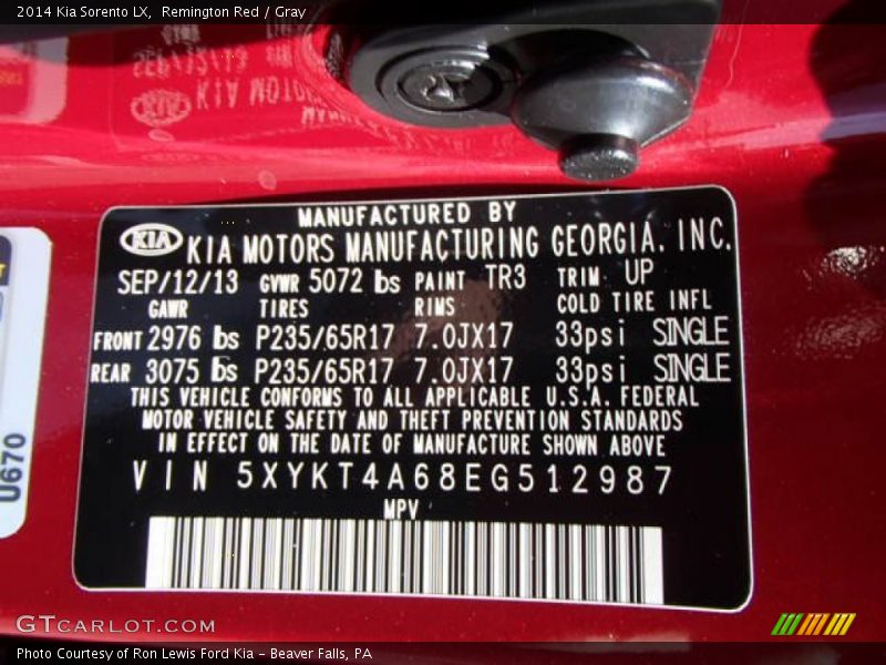 2014 Sorento LX Remington Red Color Code TR3