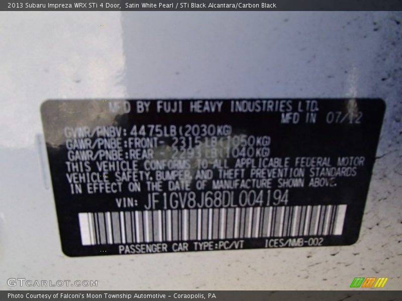 Satin White Pearl / STi Black Alcantara/Carbon Black 2013 Subaru Impreza WRX STi 4 Door