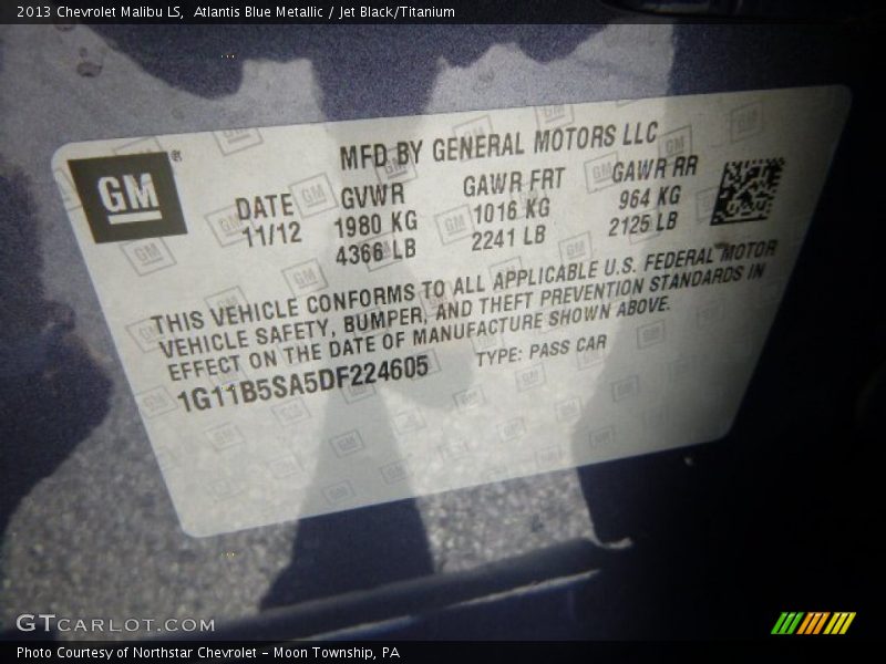 Atlantis Blue Metallic / Jet Black/Titanium 2013 Chevrolet Malibu LS