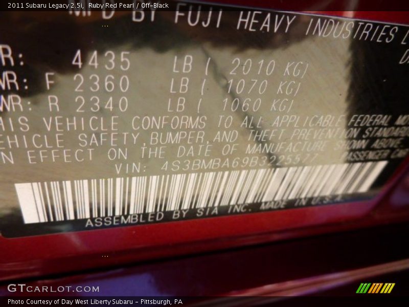 Ruby Red Pearl / Off-Black 2011 Subaru Legacy 2.5i