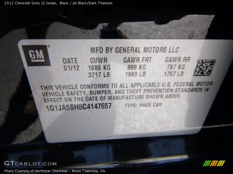 Black / Jet Black/Dark Titanium 2012 Chevrolet Sonic LS Sedan