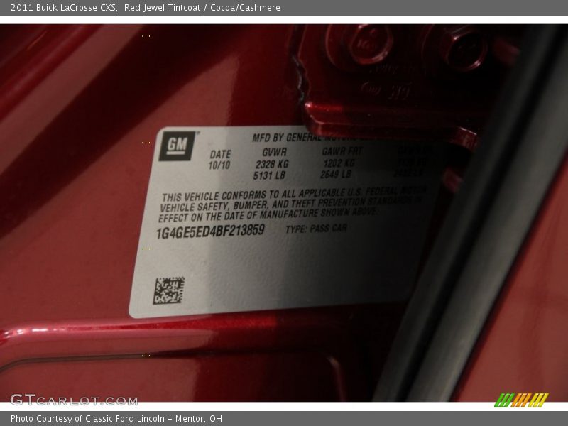 Red Jewel Tintcoat / Cocoa/Cashmere 2011 Buick LaCrosse CXS