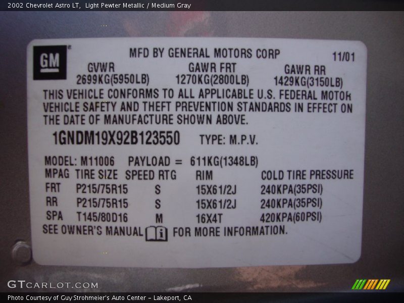 Light Pewter Metallic / Medium Gray 2002 Chevrolet Astro LT