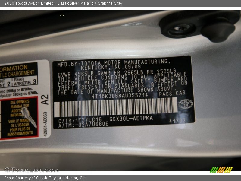 Classic Silver Metallic / Graphite Gray 2010 Toyota Avalon Limited