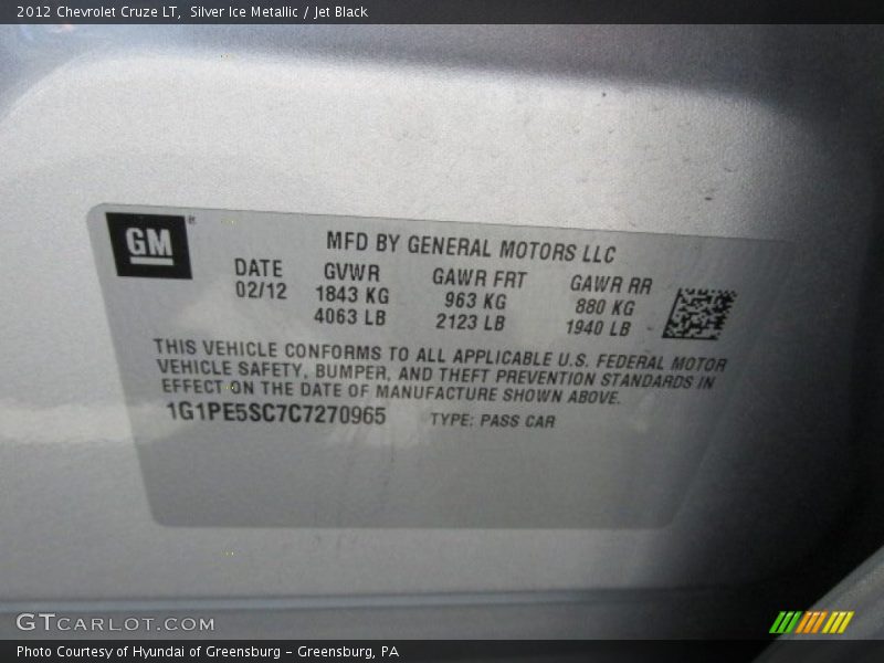 Silver Ice Metallic / Jet Black 2012 Chevrolet Cruze LT