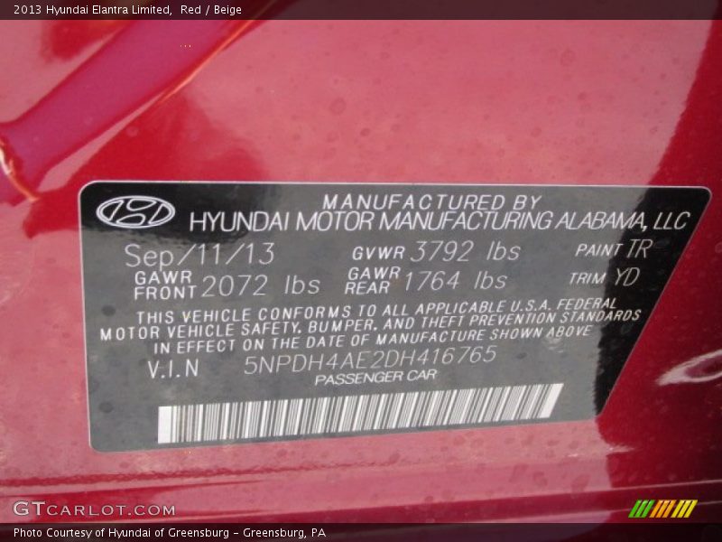 Red / Beige 2013 Hyundai Elantra Limited