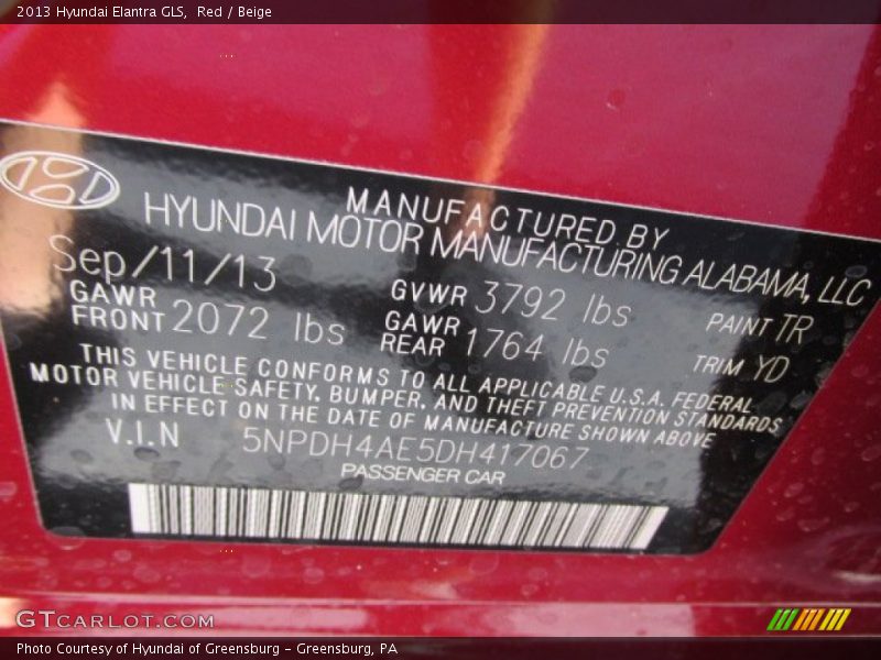 Red / Beige 2013 Hyundai Elantra GLS