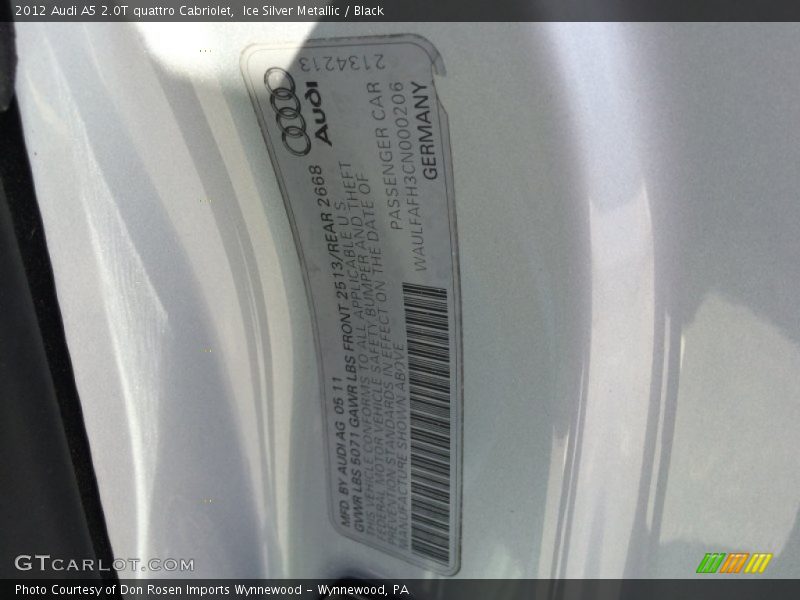 Ice Silver Metallic / Black 2012 Audi A5 2.0T quattro Cabriolet
