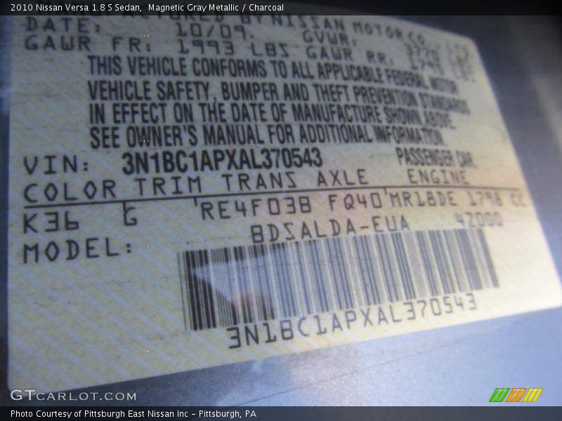 Magnetic Gray Metallic / Charcoal 2010 Nissan Versa 1.8 S Sedan