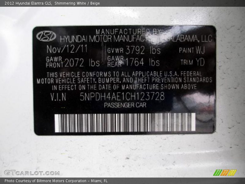 Shimmering White / Beige 2012 Hyundai Elantra GLS