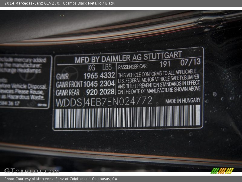 2014 CLA 250 Cosmos Black Metallic Color Code 191