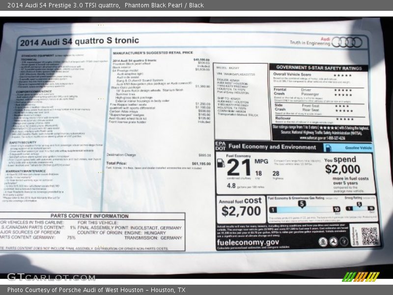  2014 S4 Prestige 3.0 TFSI quattro Window Sticker