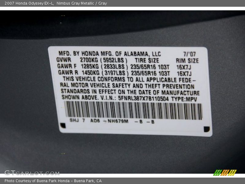 Nimbus Gray Metallic / Gray 2007 Honda Odyssey EX-L