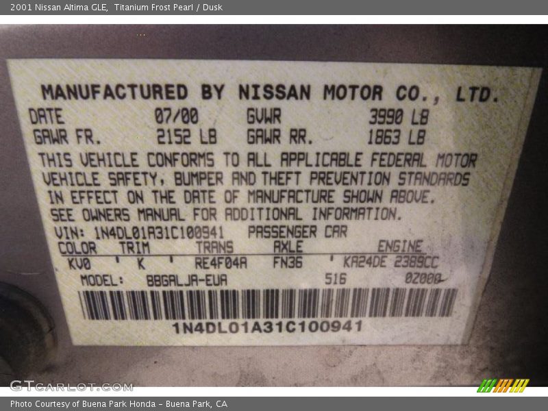 2001 Altima GLE Titanium Frost Pearl Color Code KV0