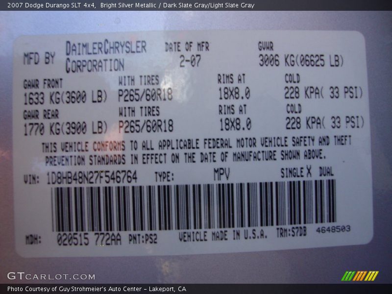 Bright Silver Metallic / Dark Slate Gray/Light Slate Gray 2007 Dodge Durango SLT 4x4