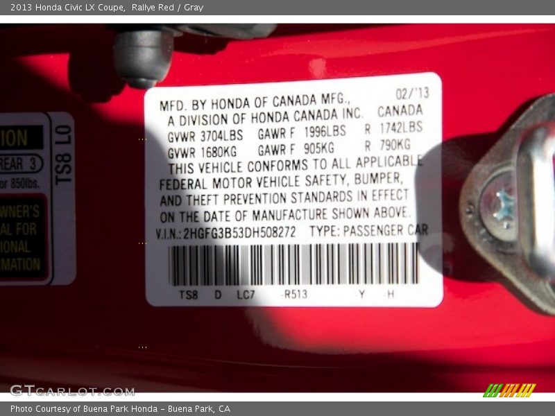 Rallye Red / Gray 2013 Honda Civic LX Coupe